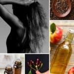 Apple cider vinegar hair rinse collage of ingredients: Cloves, clove water, girl rinsing hair